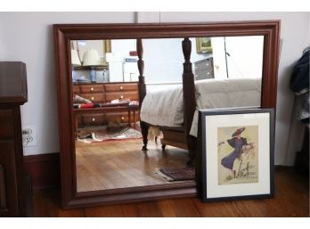 VINTAGE WOOD FRAMED MIRROR WITH FRAMED AU LOUVRE FRENCH POSTER PRINT