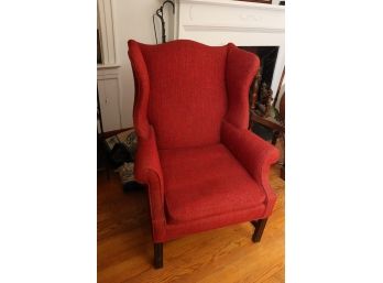 VINTAGE UPHOLSTERED WING CHAIR BY WOOD & HOGAN NY IN A KNOBBY LINEN FABRIC & DOWN CUSHION