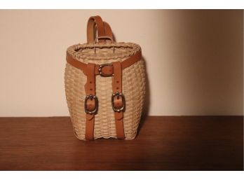 MINIATURE HANDWOVEN BASKET WITH LEATHER STRAPS SIGNED BY STEVEN ZEH WITH LEATHER ONLY 3' TALL