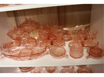 LARGE COLLECTION OF PINK DEPRESSION GLASS INCLUDES CRUET SET, PERFUME BOTTLES AND CANDY DISHES