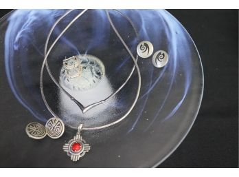 STERLING SILVER JEWELRY INCLUDES 3 PAIRS OF STERLING EARRINGS & 16' NECKLACE WITH RED STONE PENDANT, CAN SHIP