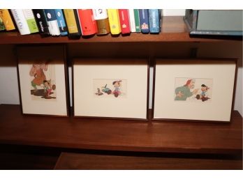 3 FRAMED DISNEY PINOCCHIO LITHOGRAPHS INCLUDES GEPETTO FINDS PINOCCHIO ALIVE 10 W X 8 TALL