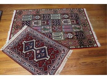 TWO HANDMADE ORIENTAL RUGS WITH GARDEN DESIGN AND GEOMETRIC PATTERNS