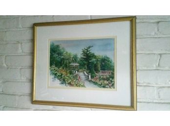 'IN OLD WESTBURY' GAZEBO IN A FLORAL GARDEN BY JACQUELINE WEYN IN GOLD FRAME