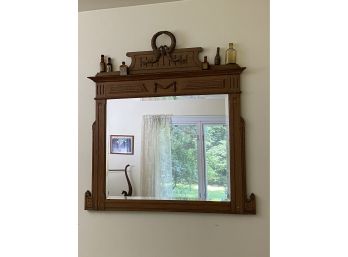 Vintage Framed Carved Wood Mirror With Ornate Wreath Crown & Decorative Bottles