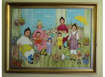 Oversized Vintage Mildred Barrett Signed Painting Of Women & Children 45 X 35