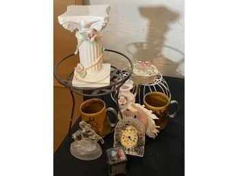 Decorative Collection Includes Stauger Clock,  Equestrian Mugs & Small Pedestal