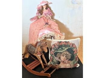 Porcelain Face Doll, Carved Wood Rocking Horse & Victorian Style Pillow