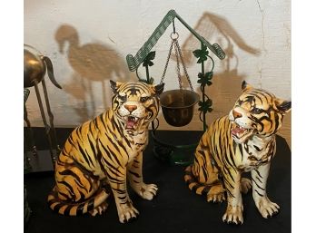 Pair Of Porcelain Tigers By Andrea By Sadek & Decorative Wishing Well Planters