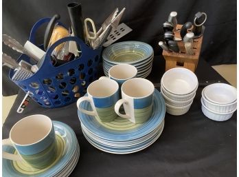 Collection Of Kitchen Ware Includes Pier 1 Cups & Plates , Knives, Includes Some Henkel & Other Brands