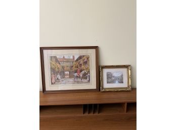 2 Framed Prints- Equestrian Print & Cottage Village With Small Stone Bridge