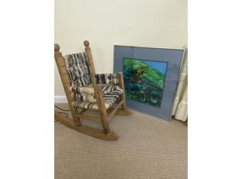 Small Childs Size Woven Rocking Chair & Print 'Toucan Family' By Paisal 1979 In A Matted Frame