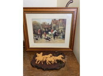 Carved Wood Horse Wall Plaque & Equestrian Print In A Matted Frame