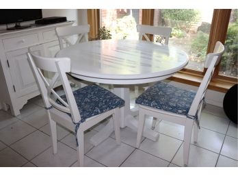 White Painted Pedestal Dining Table With 4 X Back Dining Chairs With Blue & White Seat Cushions