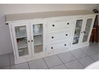 Distressed White Painted Buffet Cabinet With 3 Drawers & 2 Sets Of Glass Front Door Cabinets