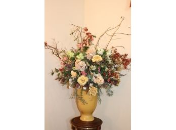 Carved Pedestal With Ornate Acanthus Detail & Silk Floral Bouquet In A Crackle Finish Vase