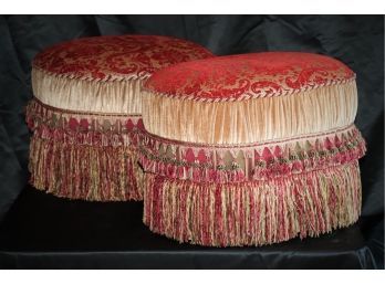 Pair Of Custom Embellished Oval Poufs With Velvet, Tassels & Fringe