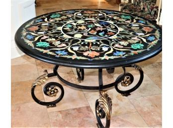 Amazing Italian Pietra Dura Semi Precious Inlay Stone Round Wrought Iron Table