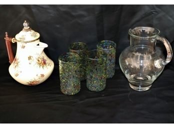 MacKensie-Childs Enamel Metal Teapot, 4 Art Glass Highballs & Clear Pitcher