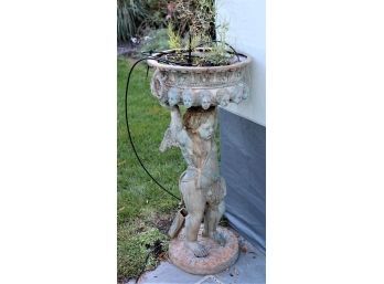 Verdigris Metal Angel Holding Ornate Cast Metal Pot