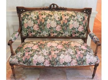 Vintage French Louis XVI Style Settee With Floral Tapestry Upholstery