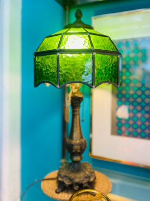 1950s Vintage Green Glass Table Lamp With Brass Base.