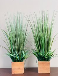 Pair Of Newer Faux Beach Grass Plants In Wood Boxes