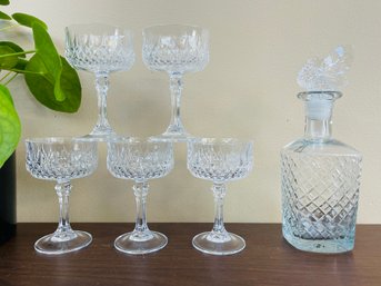 Vintage Crystal Cut Coupe Glasses And Decanter