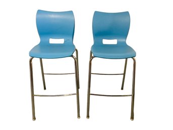 Pair Of Newer Tall Blue & Chrome Bar Stools By ______Systems