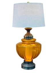 1960s Large Vintage Amber Glass Tall Table Lamp With New Shade