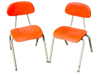 Pair Of Vintage Vibrant Orange Stacking Accent Chairs