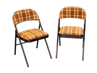 Pair Of Late 1970s Vintage Cushioned Plaid Folding Chairs.