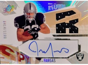 Justin Fargas Autographed Player Worn Jersey Patch Football Card (Oakland Raiders) 2003 Upper Deck SPX Rookie