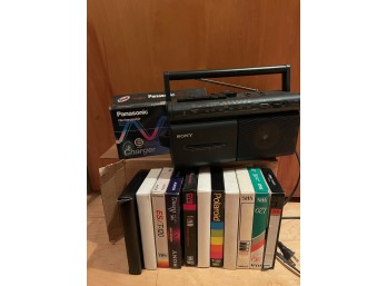 Small Sony Radio With VCR Tapes And Rechargeable Batteries