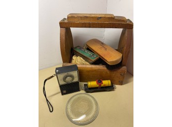 Vintage Wooden Shoe Shine Kit With Other Random Items