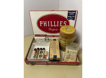 Lot Of Random Items In Phillies Cigar Box