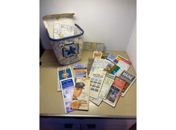 Lot Of Vintage Maps Inside Seashell Basket