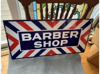 Enamel Over Metal Barber Shop Sign With Built In Bracket To Hang On Building