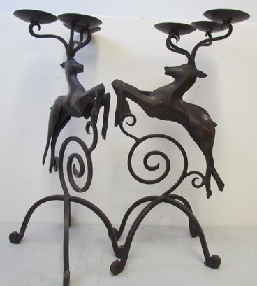 Pair Of (2) Vintage Wrought Iron DEER Candle Holders