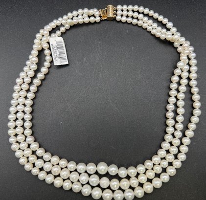 14KT Yellow Gold Triple Strand Graduated Cultured Pearls New With Tag