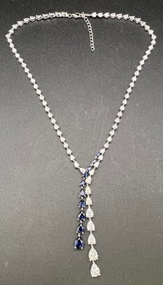 Sterling Silver .925 Graduated Tear Drop Clear CZ & Lab Sapphire Necklace