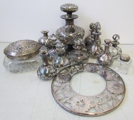 Collection Of Assorted Glass With STERLING OVERLAY Or STERLING Lids