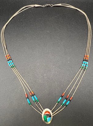 Sterling Silver Native American Liquid Silver Turquoise, Coral, Malachite Inlay Necklace