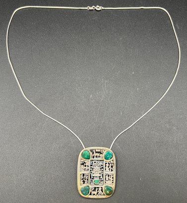 Sterling Silver .925 Aztec Pendant With Green Stones On .925 Italy Necklace