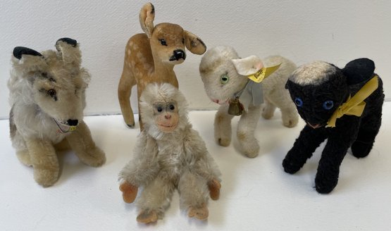 (5) Vintage STEIFF Animals With Buttons & Tags Lot #4