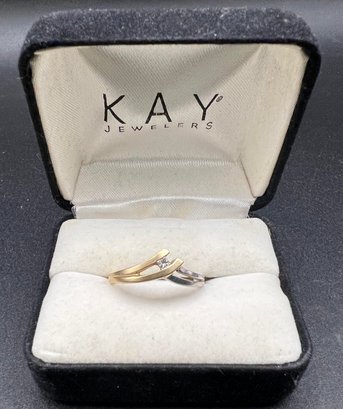 14KT Gold Two Tone White & Yellow Gold Brushed Diamond Ring Sz 7