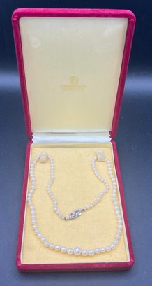 Vintage Silver H. Abuno Graduated Cultured Pearl Necklace W/ Orig. Box
