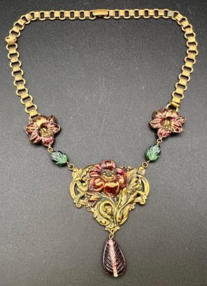 Victorian Carved Leaf Enamel Gold Tone Necklace