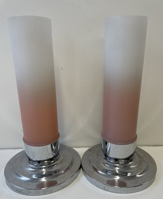 Mid Century Modern HAFFNER Spring Loaded Candle Holders/Pink & White Glass Shades