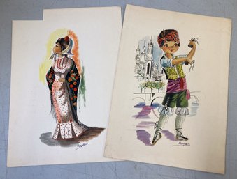 (2) Signed MERCEDES Watercolor Paintings On Paper